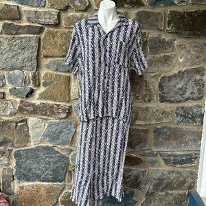 Flax Rayon Short Sleeve Button Up Shirt Blouse(M) and long skirt (L) Geo print